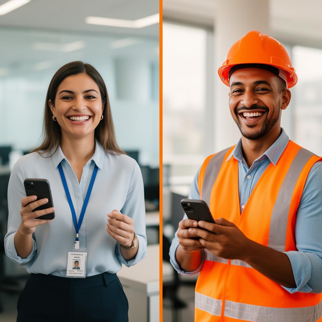 Colaboradores de escritório e construção civil felizes usando o app Recarga Mental